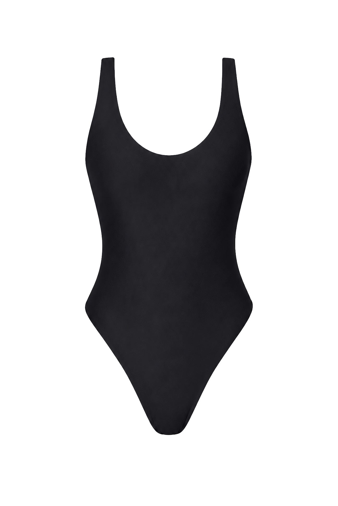 A black one-piece swimsuit with a scoop neckline and wide shoulder straps, shown flat against a solid white background.