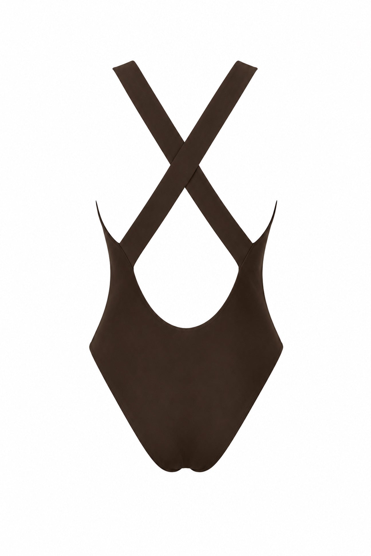 A dark brown one-piece swimsuit shown from the back, featuring crossed shoulder straps and a scoop neckline, set against a plain white background.