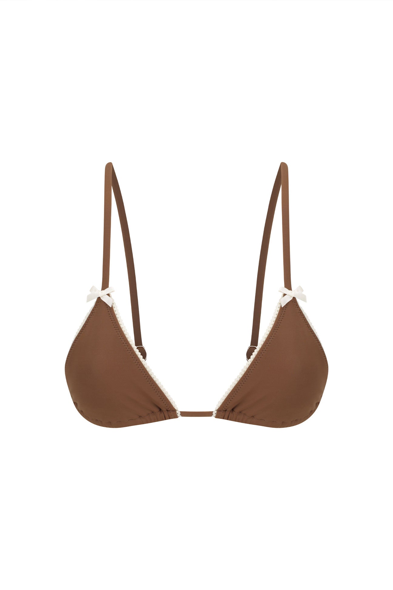 Brown triangle bikini top with thin straps on a white background