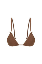 Brown triangle bikini top with thin straps on a white background
