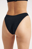 Black high-waisted bikini bottom on a plain background