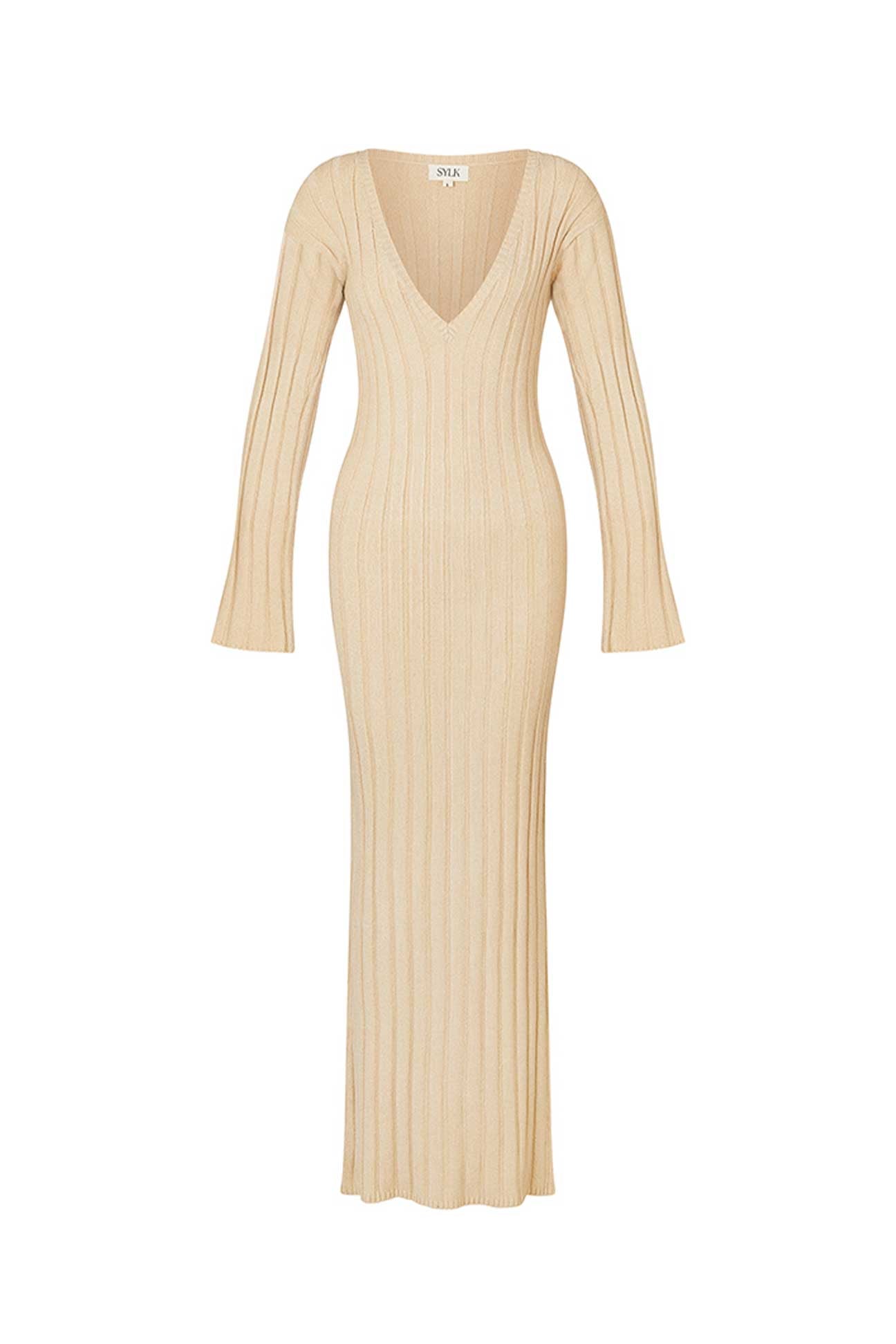Beige ribbed dress with long sleeves on a white background