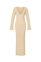 Beige ribbed dress with long sleeves on a white background