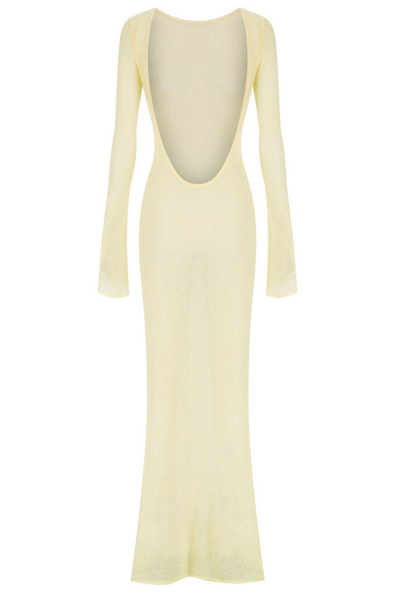 yellow dress with long sleeves and a deep neckline on a white background