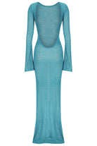 Teal long-sleeve dress with cut-out back on a white background