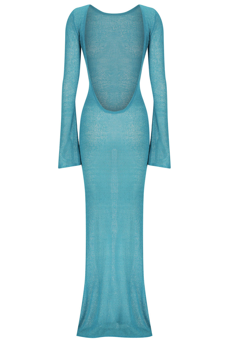 Teal long-sleeve dress with cut-out back on a white background
