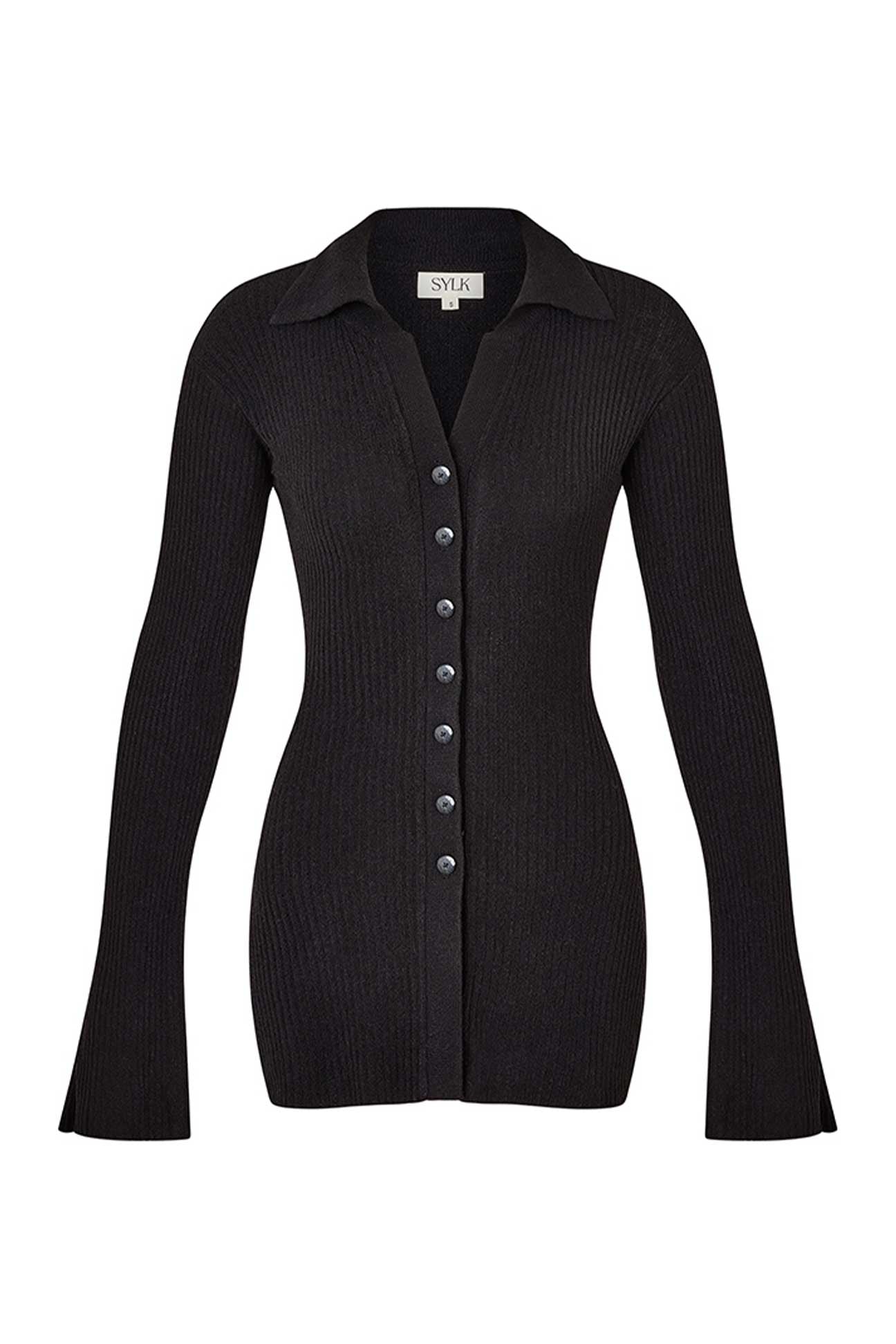 Black cardigan with buttons on a white background