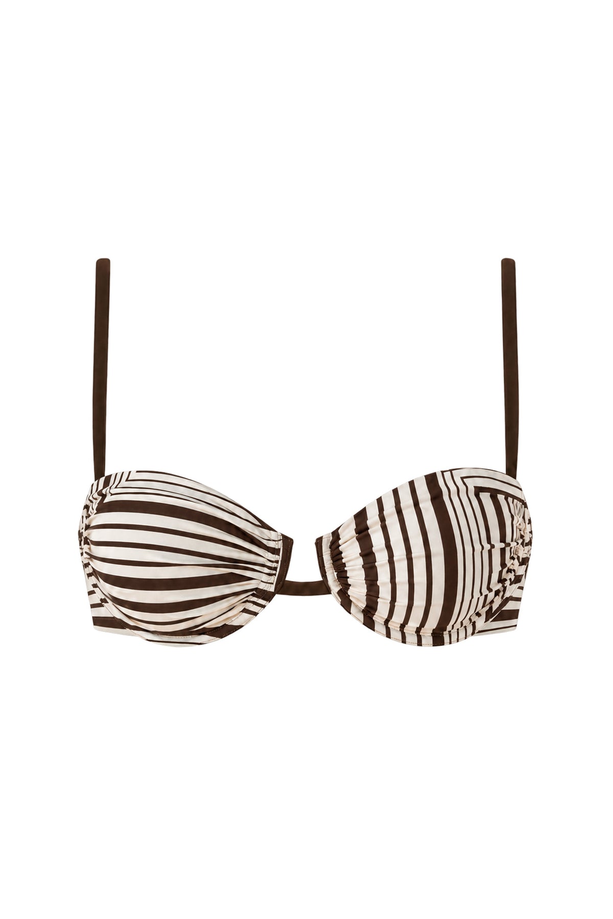 A women's bandeau bikini top with a brown and cream horizontal striped pattern, featuring gathered cups and thin shoulder straps, shown against a plain white background.