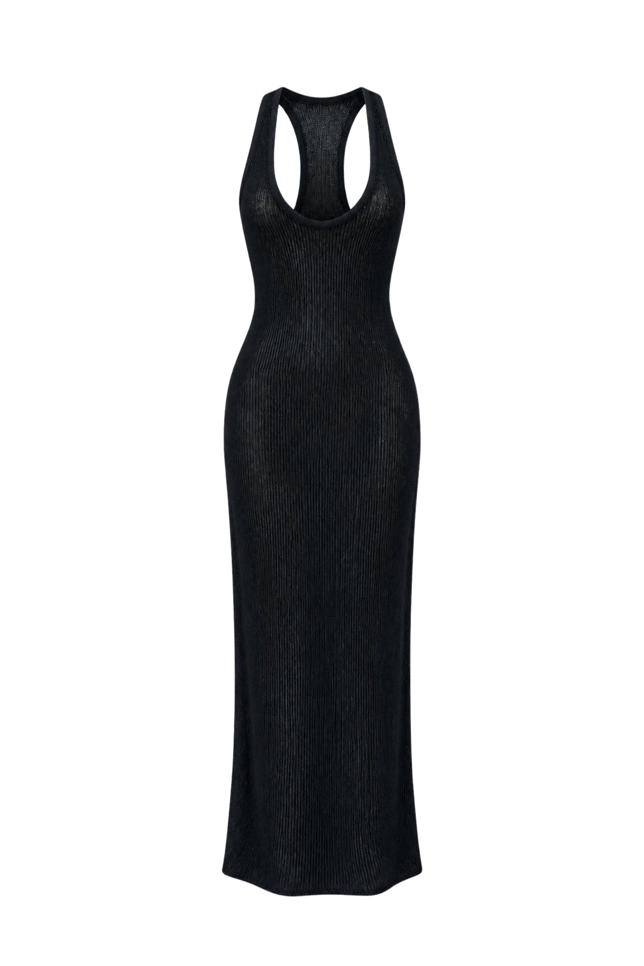 A black ribbed knit sleeveless maxi dress with a racerback design and a low scoop neckline, shown against a plain white background.