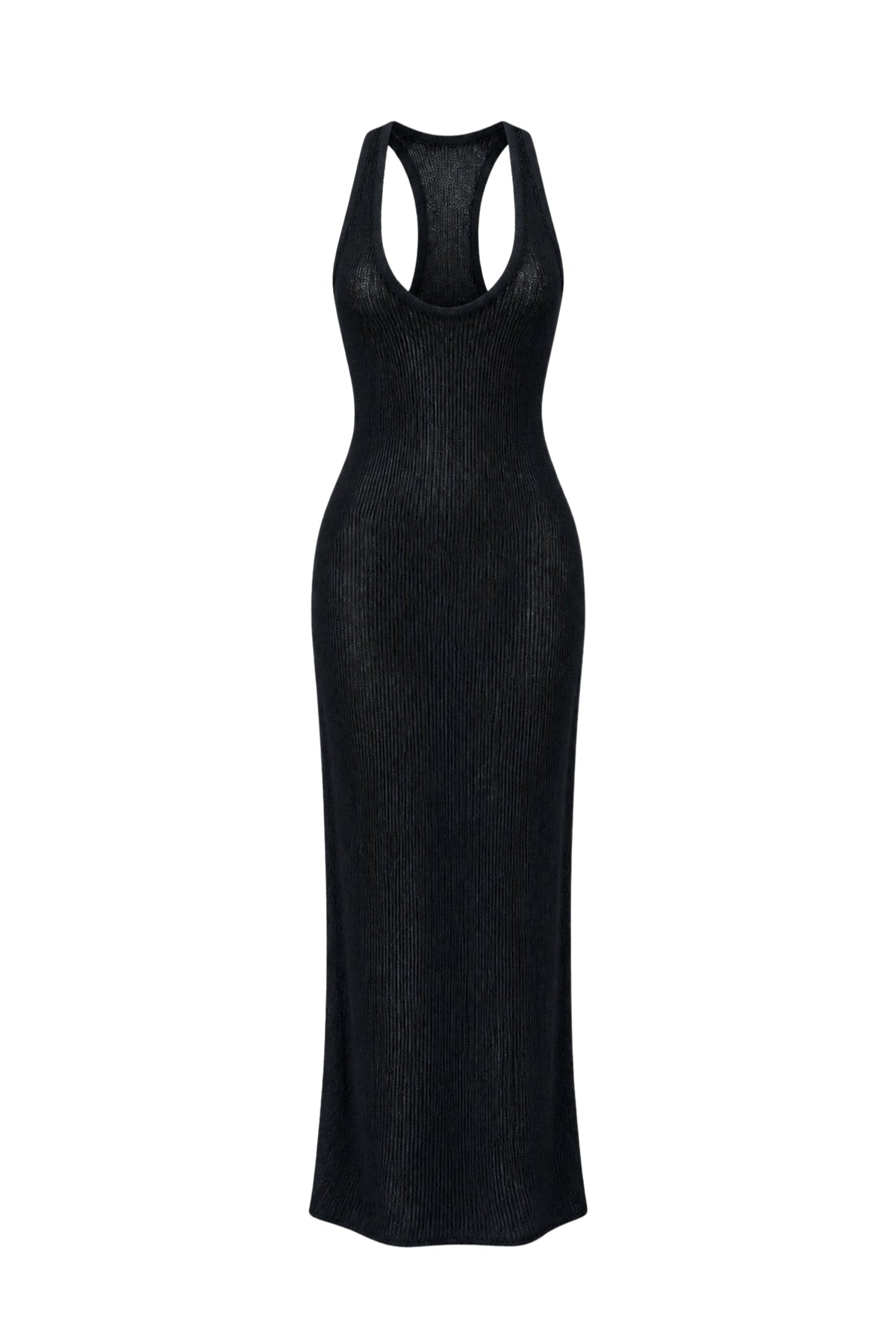 A black ribbed knit sleeveless maxi dress with a racerback design and a low scoop neckline, shown against a plain white background.