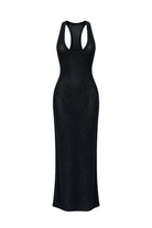 A black ribbed knit sleeveless maxi dress with a racerback design and a low scoop neckline, shown against a plain white background.
