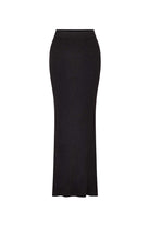Black ribbed knit skirt on a white background