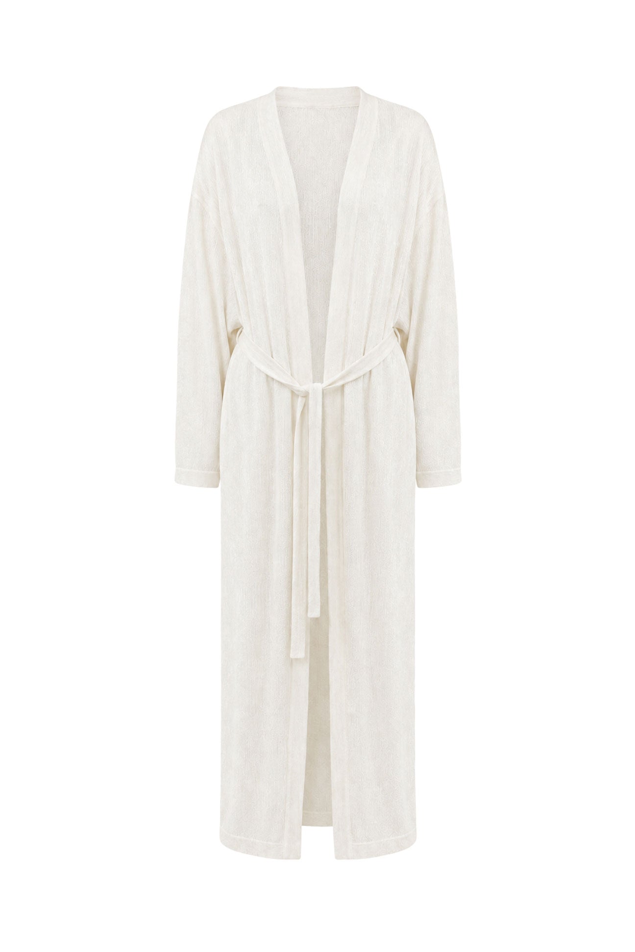 A long-sleeved cream-colored cotton robe with a matching tie belt, displayed on a clean white background.