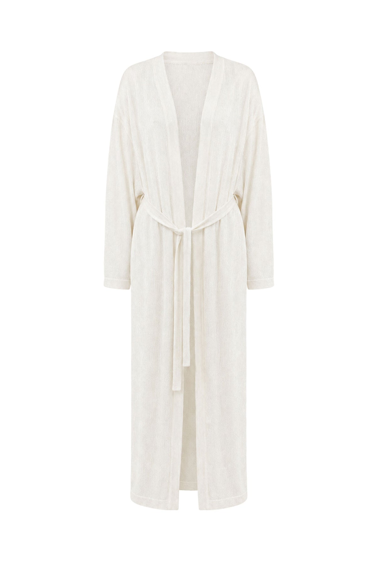 A long-sleeved cream-colored cotton robe with a matching tie belt, displayed on a clean white background.