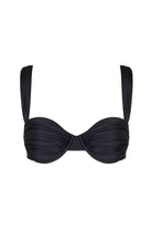 Black bikini top with thin straps on a white background