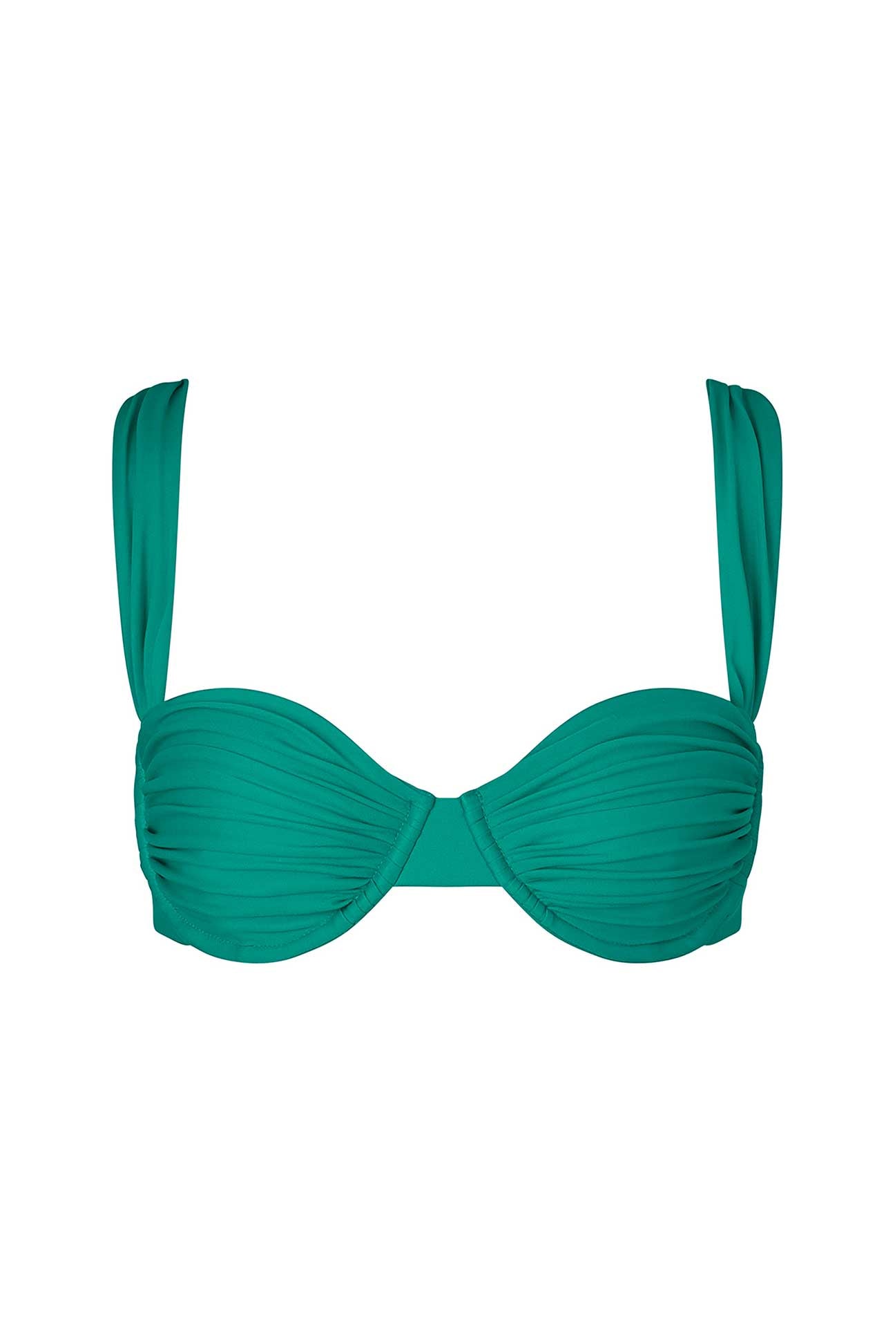 Emerald green bikini top with thin straps on a white background