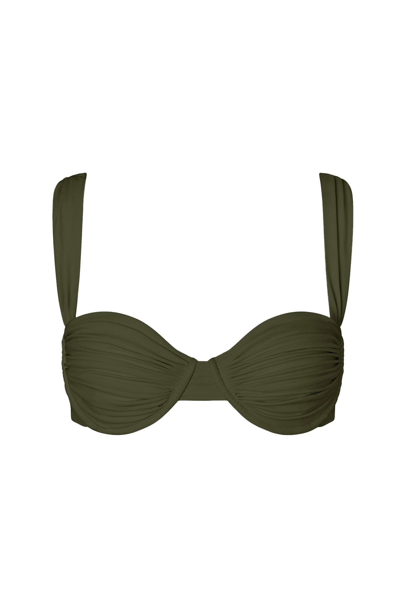 Green bikini top with thin straps on a white background