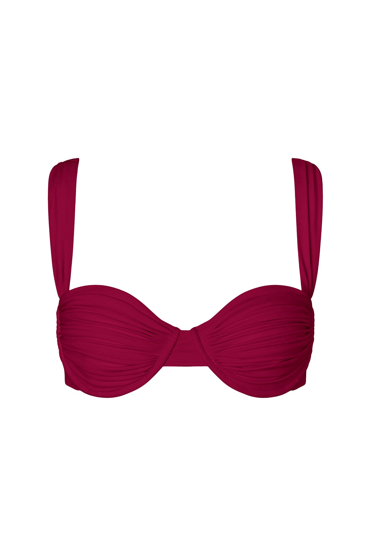 Magenta bikini top with thin straps on a white background
