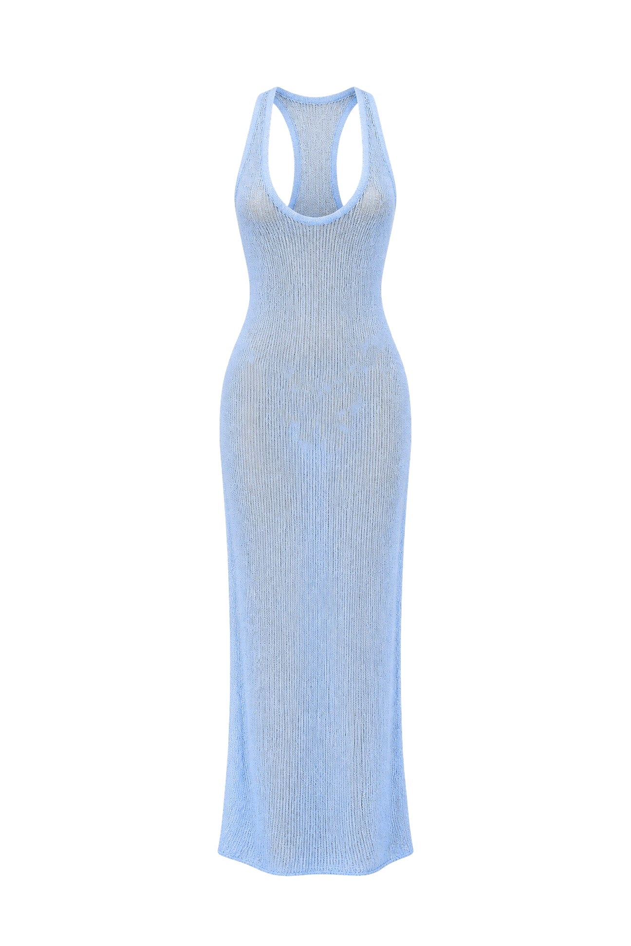 A light blue ribbed knit sleeveless maxi dress with a scoop neckline and a racerback-style cutout at the top, shown against a plain white background.