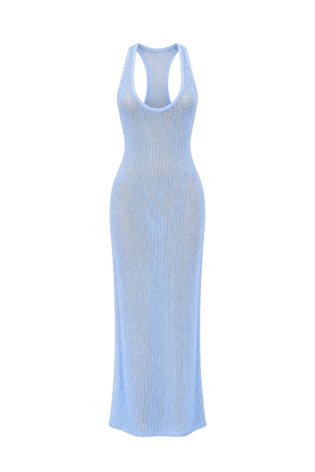 A light blue ribbed knit sleeveless maxi dress with a scoop neckline and a racerback-style cutout at the top, shown against a plain white background.