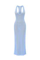 A light blue ribbed knit sleeveless maxi dress with a scoop neckline and a racerback-style cutout at the top, shown against a plain white background.