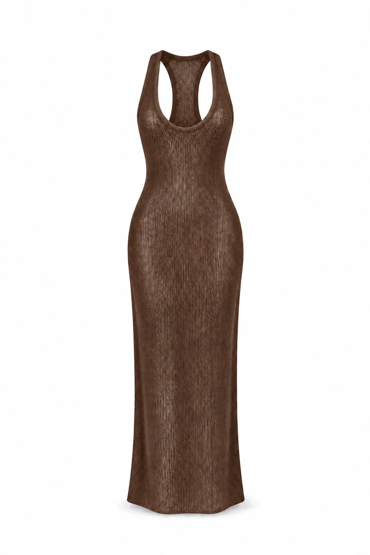 A sleeveless, bodycon maxi dress in a textured brown knit fabric, featuring a racerback-style open back and a scoop neckline, shown against a plain white background.