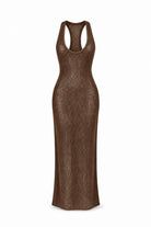 A sleeveless, bodycon maxi dress in a textured brown knit fabric, featuring a racerback-style open back and a scoop neckline, shown against a plain white background.
