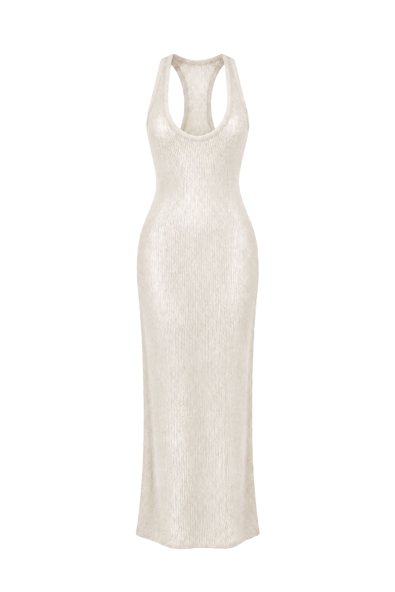 A sleeveless, bodycon maxi dress in a textured cream or off-white knit fabric, featuring a racerback-style neckline with a small cutout at the top center, shown against a plain white background.