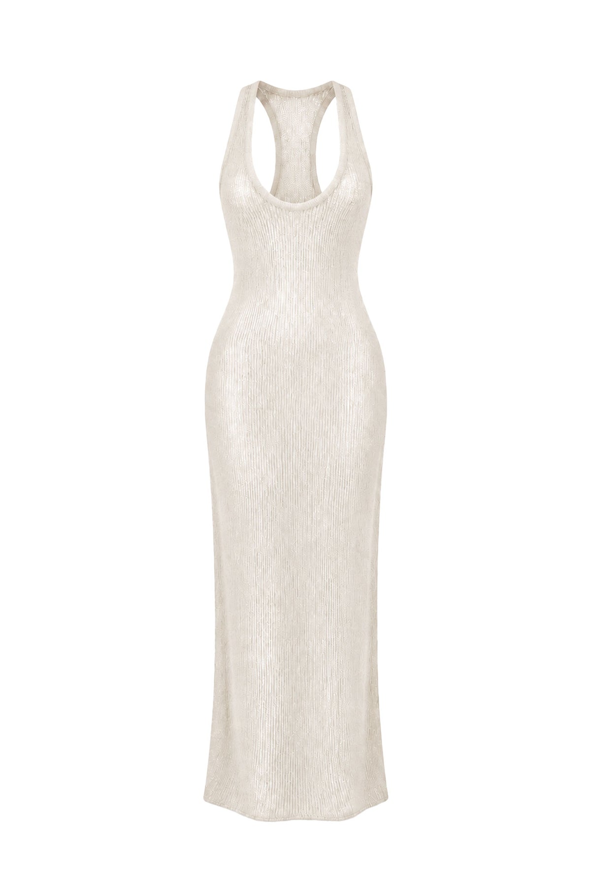 A sleeveless, bodycon maxi dress in a textured cream or off-white knit fabric, featuring a racerback-style neckline with a small cutout at the top center, shown against a plain white background.