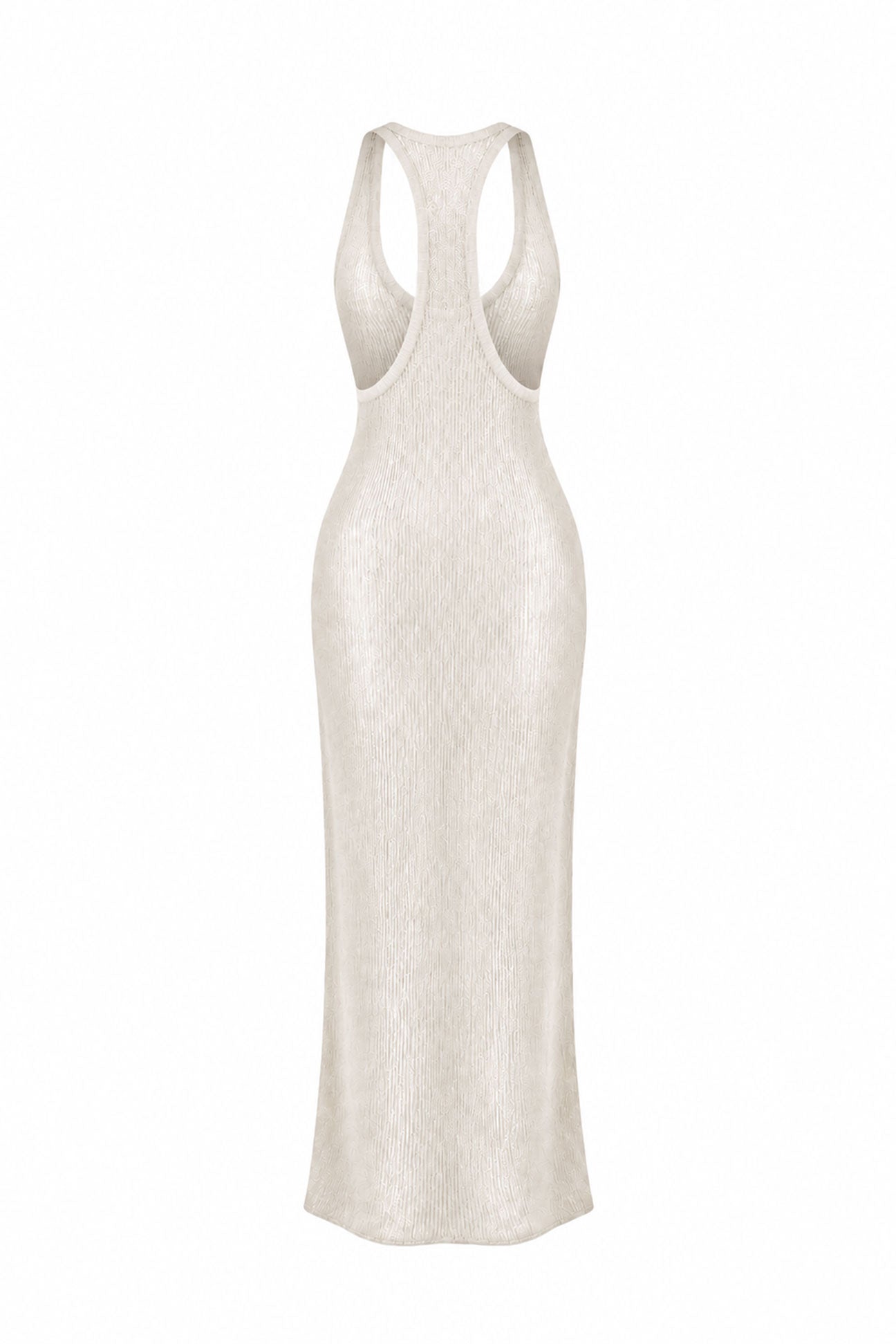 A sleeveless, backless maxi dress in a textured cream or off-white fabric, shown from the back against a plain white background.