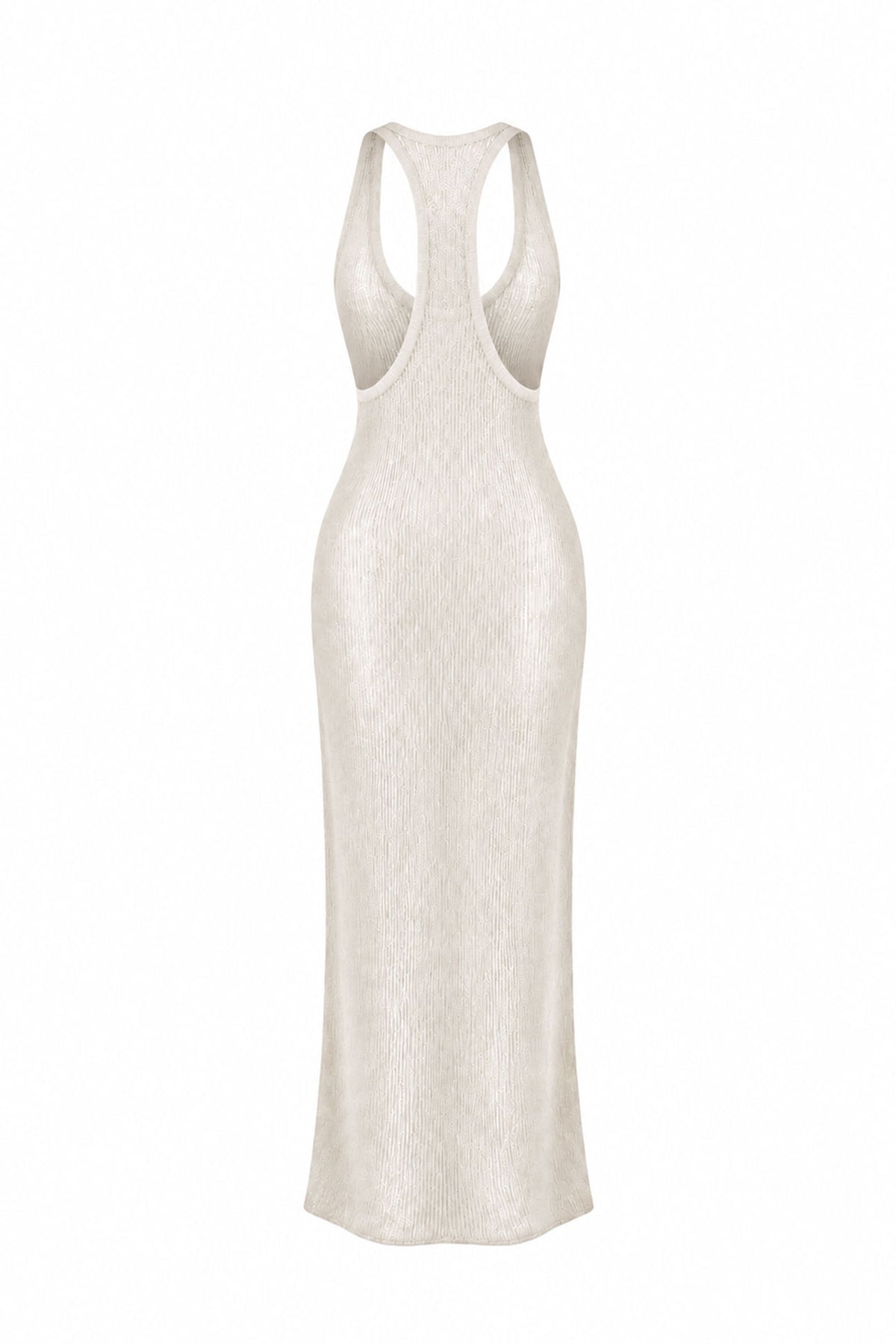 A sleeveless, backless maxi dress in a textured cream or off-white fabric, shown from the back against a plain white background.