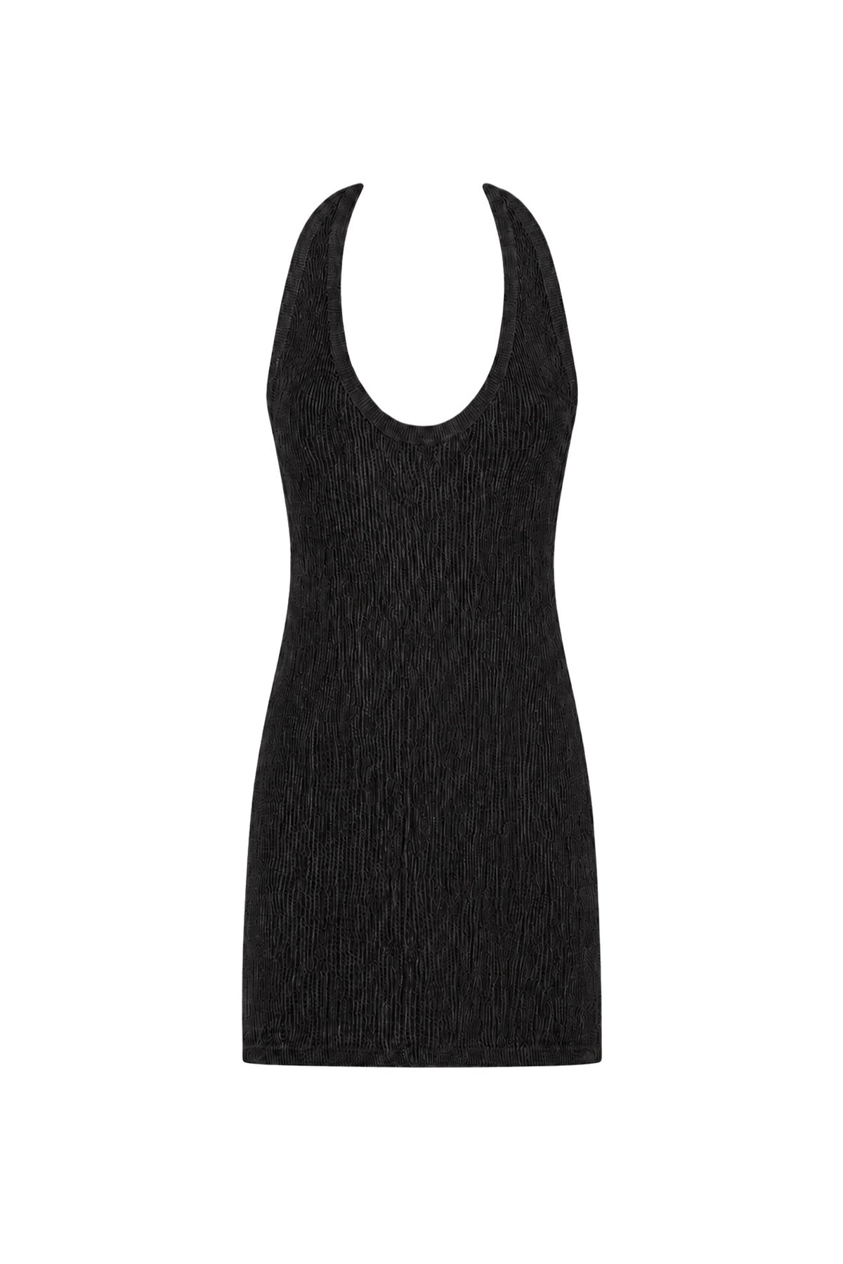 A sleeveless black ribbed knit mini dress with a scoop neckline, shown against a plain white background.