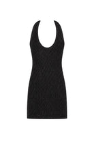 A sleeveless black ribbed knit mini dress with a scoop neckline, shown against a plain white background.