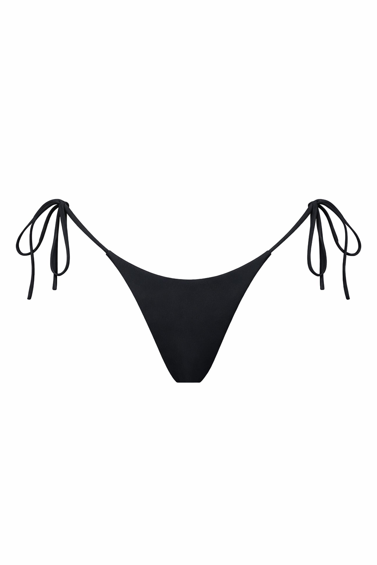 Black bikini bottom with tie sides on a white background