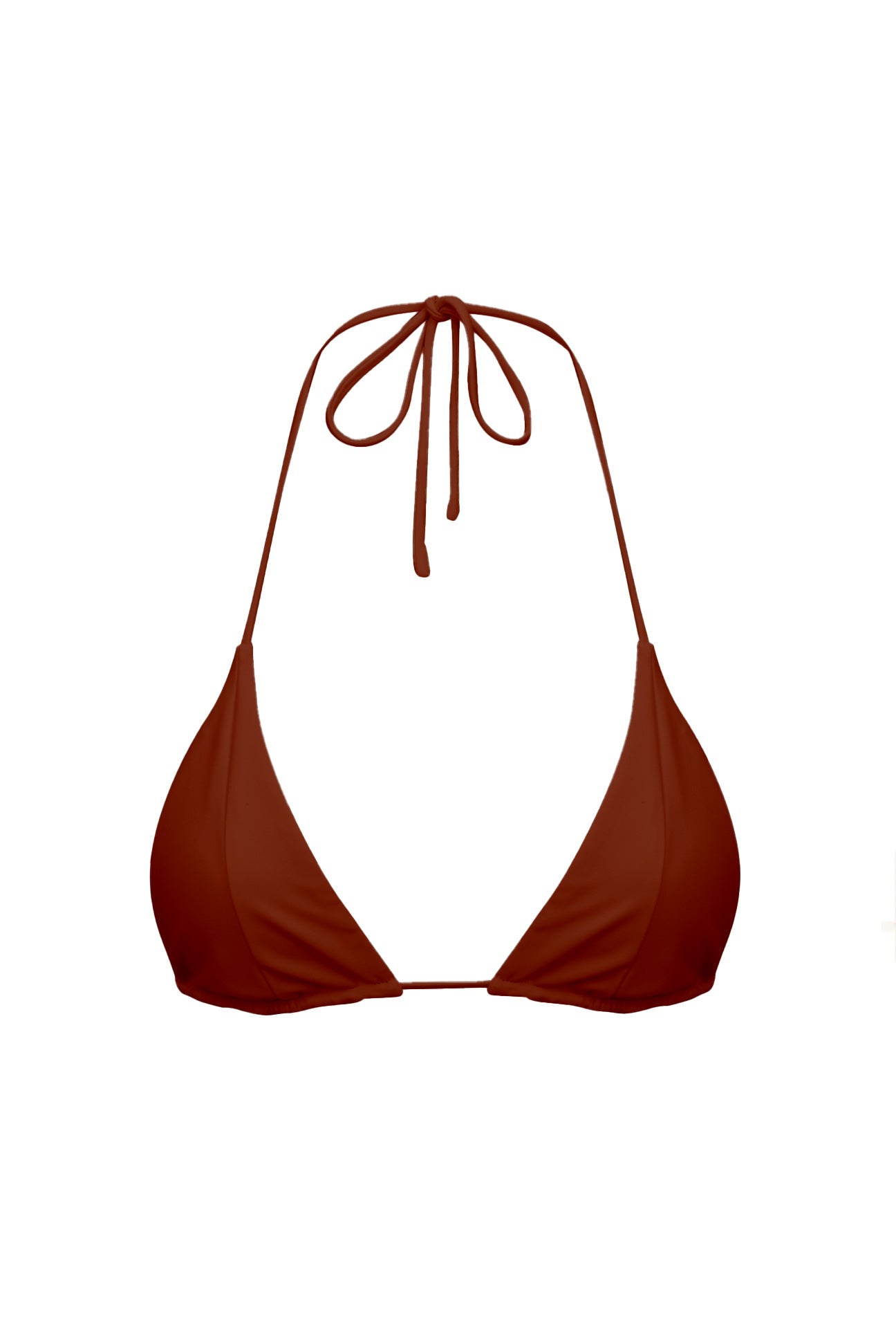 Terracotta bikini top with thin straps on a white background