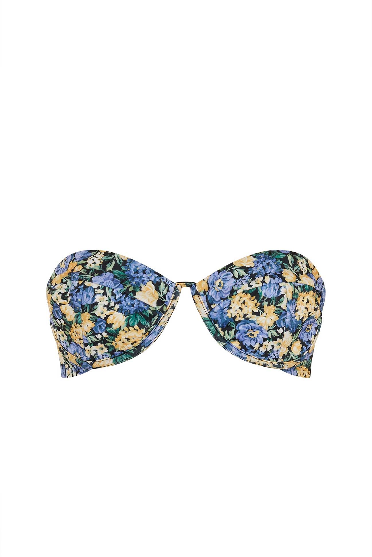 Floral-patterned bikini top on a white background