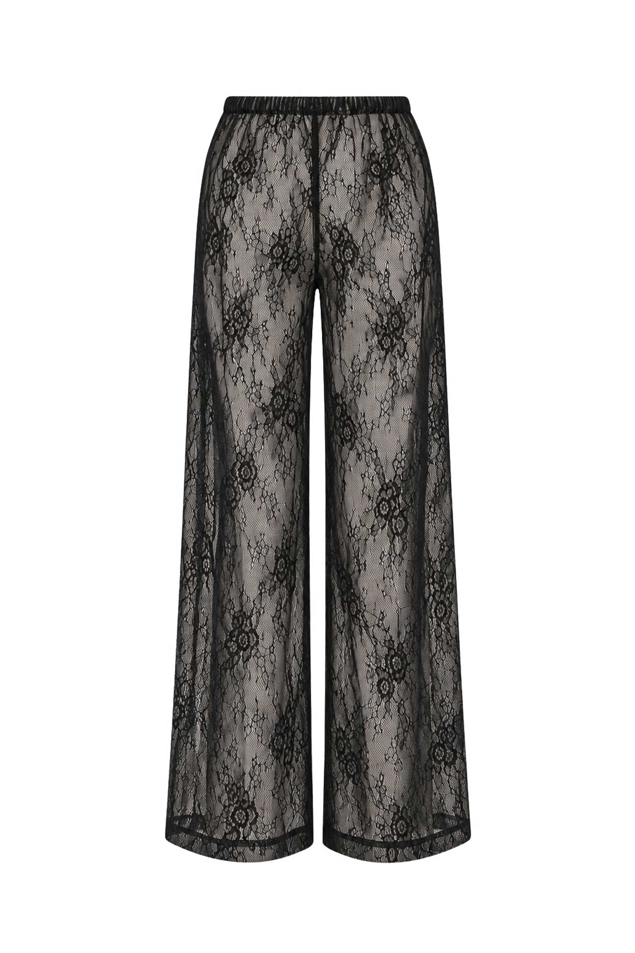 Black lace wide-leg pants with an elastic waistband, shown against a plain white background.