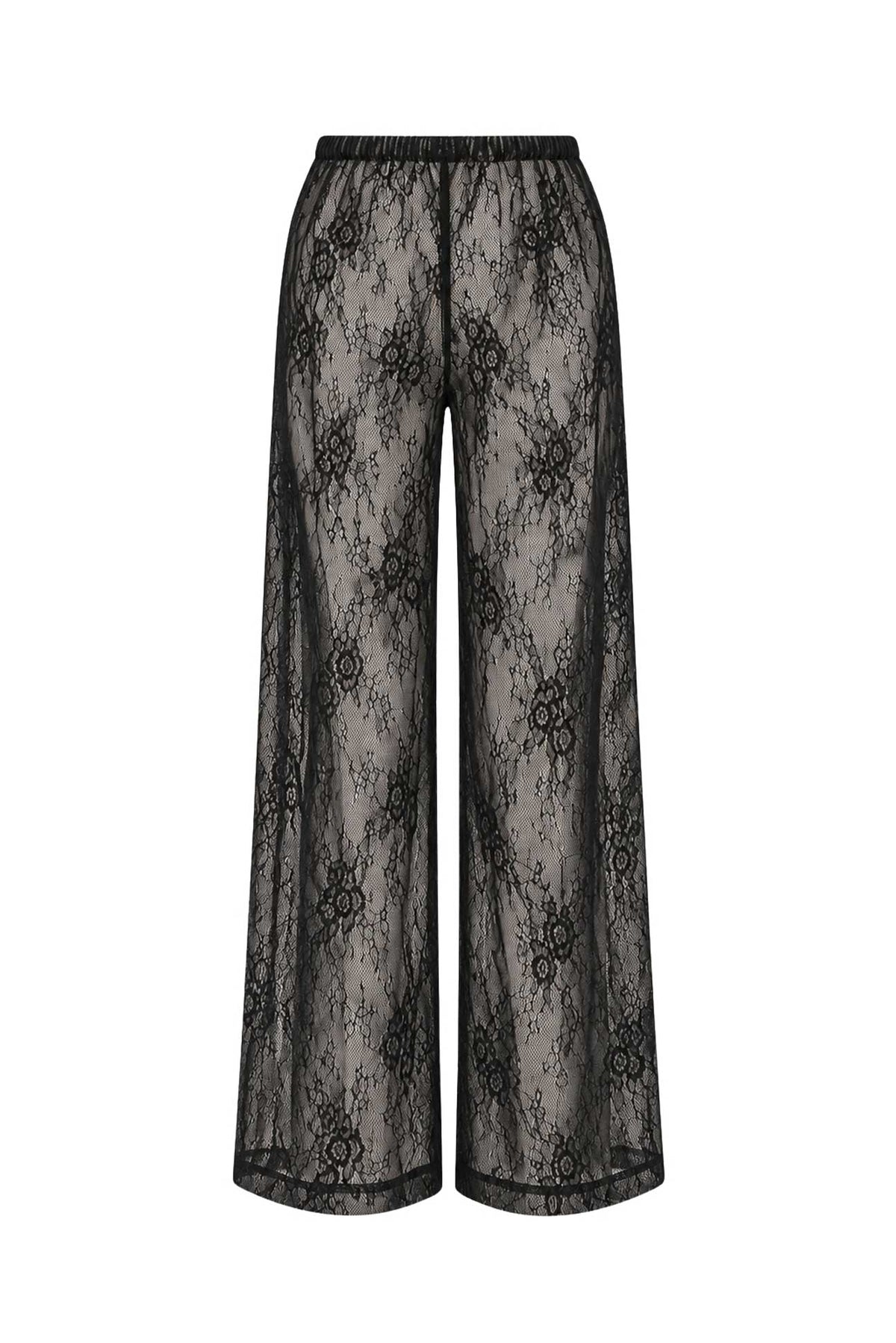 Black lace wide-leg pants with an elastic waistband, shown against a plain white background.