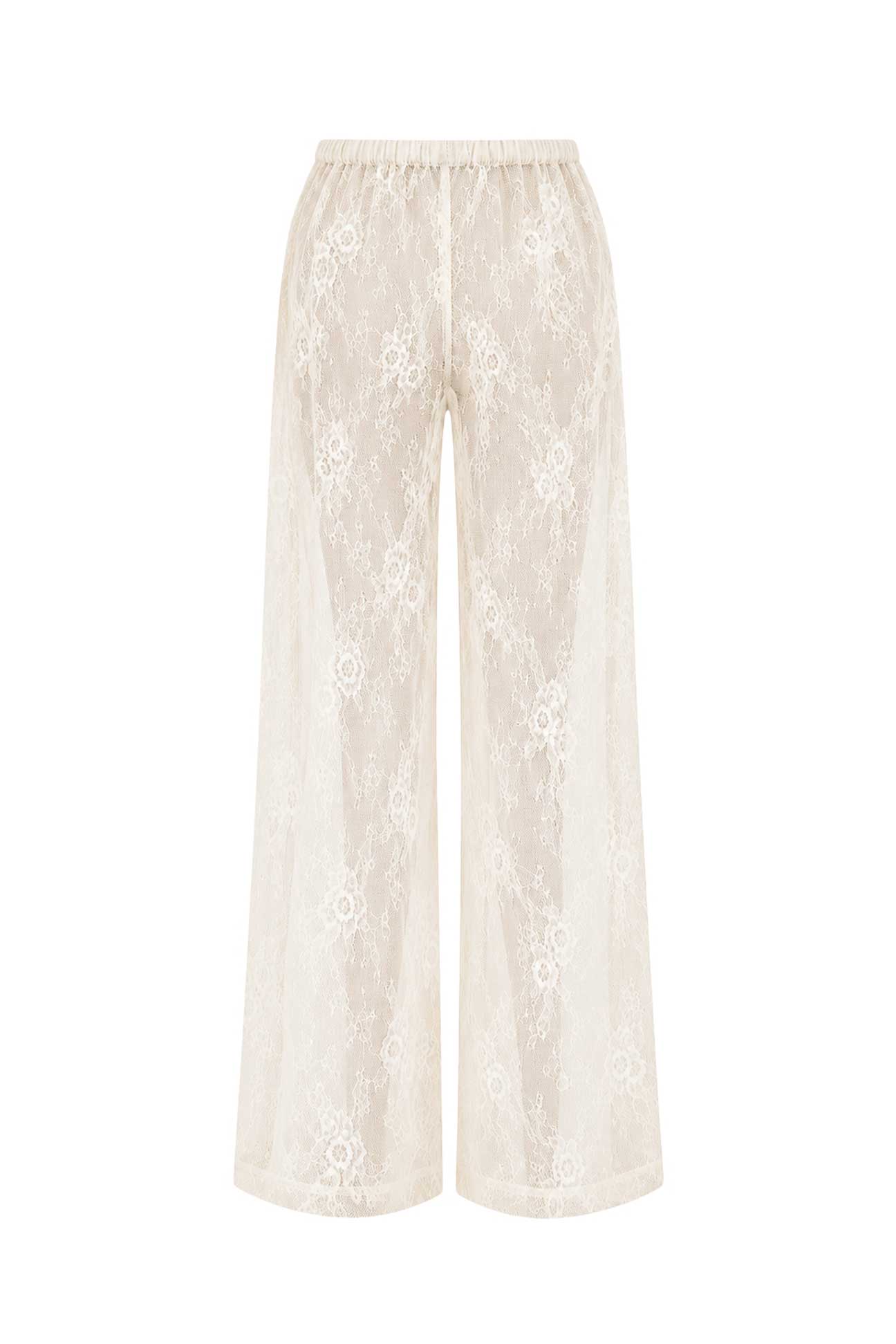 A pair of wide-leg cropped pants in a warm cream or ivory lace fabric, featuring an elastic waistband and a delicate floral lace pattern, shown against a plain white background.