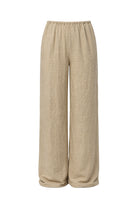 A pair of wide-leg trousers in a textured beige fabric, featuring an elastic waistband, shown against a plain white background.