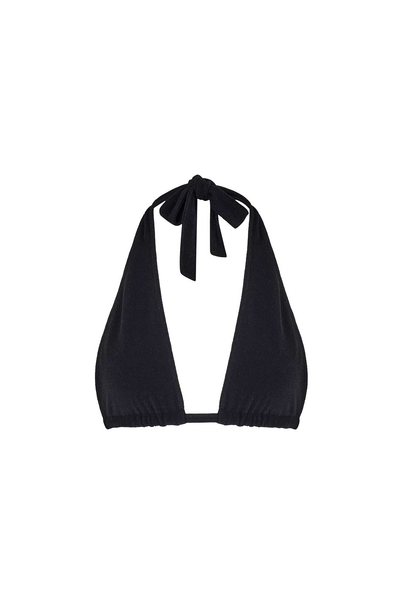 Black bikini top with adjustable straps on a white background