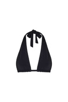 Black bikini top with adjustable straps on a white background