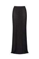 A black textured knit midi skirt with a subtle horizontal ribbed pattern, shown against a plain white background.