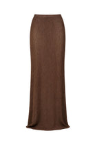 A brown ribbed knit midi skirt shown flat against a solid white background.