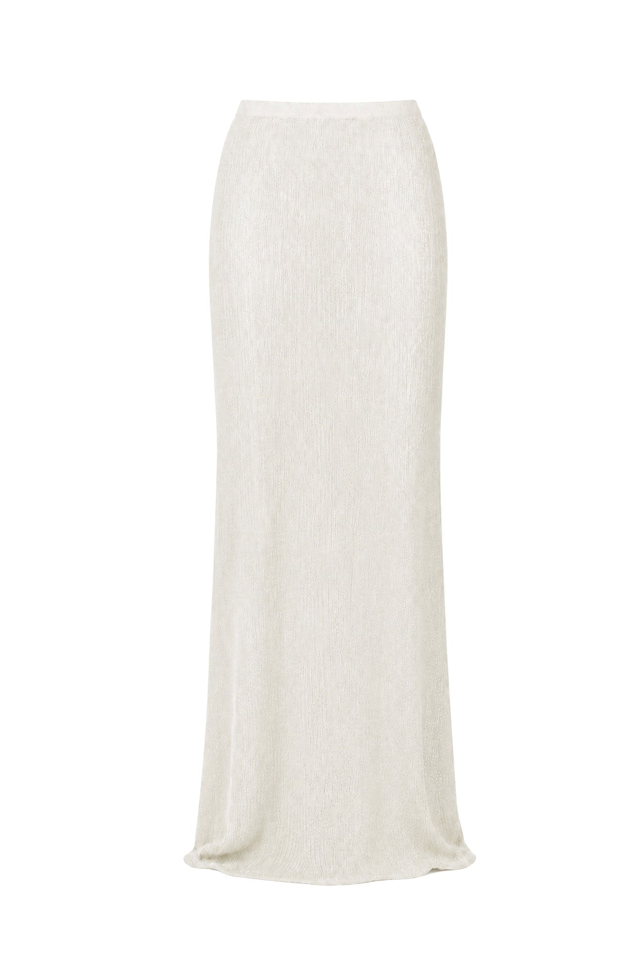 An off-white, textured knit maxi skirt shown flat against a solid white background.