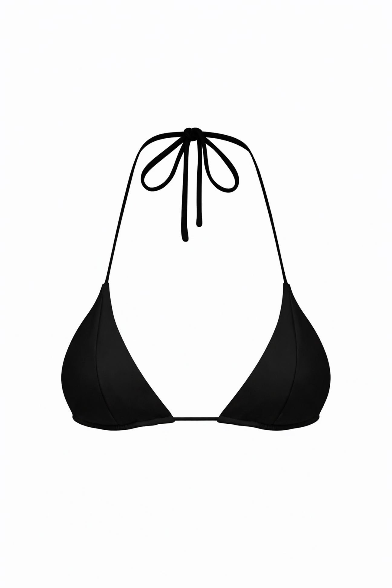 Black triangle bikini top with string ties on a white background