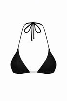 Black triangle bikini top with string ties on a white background