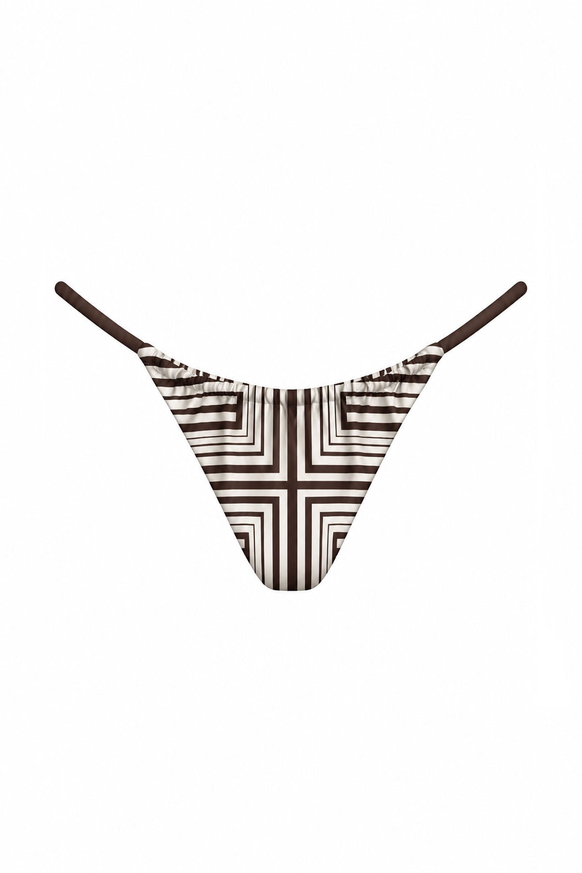 A low-rise thong bikini bottom featuring a brown and white geometric striped pattern with solid brown side straps, shown against a plain white background.