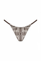 A low-rise thong bikini bottom featuring a brown and white geometric striped pattern with solid brown side straps, shown against a plain white background.