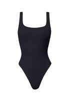 Black one-piece swimsuit on a white background